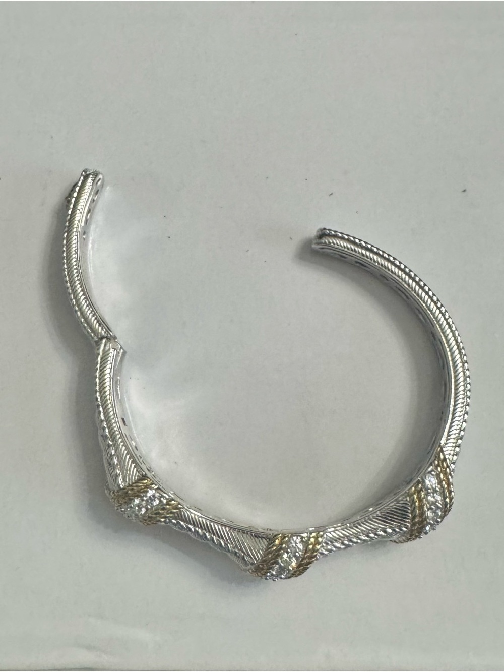 Judith Ripka 925 Silver Braided Cuff Bracelet w/Gold Texture Trim & Diamonique - Picture 7 of 13